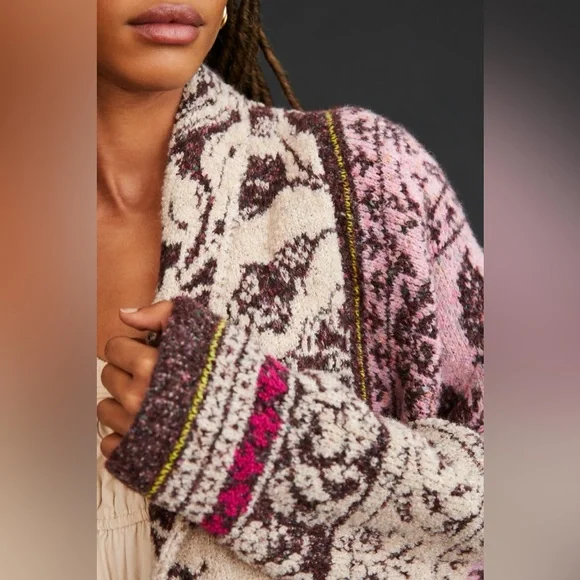 Anthropologie Jacquard Cocoon Cardigan Sweater Pink Cream Floral Bohemian Indie - Picture 3 of 10